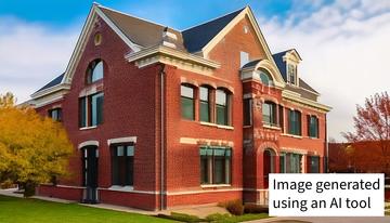 A large, three-story brick building with arched windows and steep gabled roofs under a partly cloudy sky. Text overlay reads, Content generated with an AI tool.