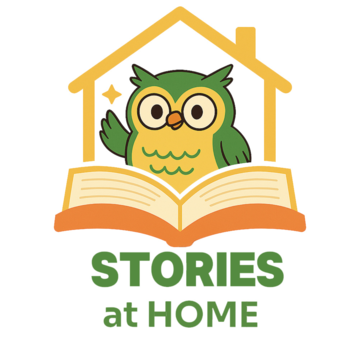 STORIES at Home logo of an owl in a house on a book